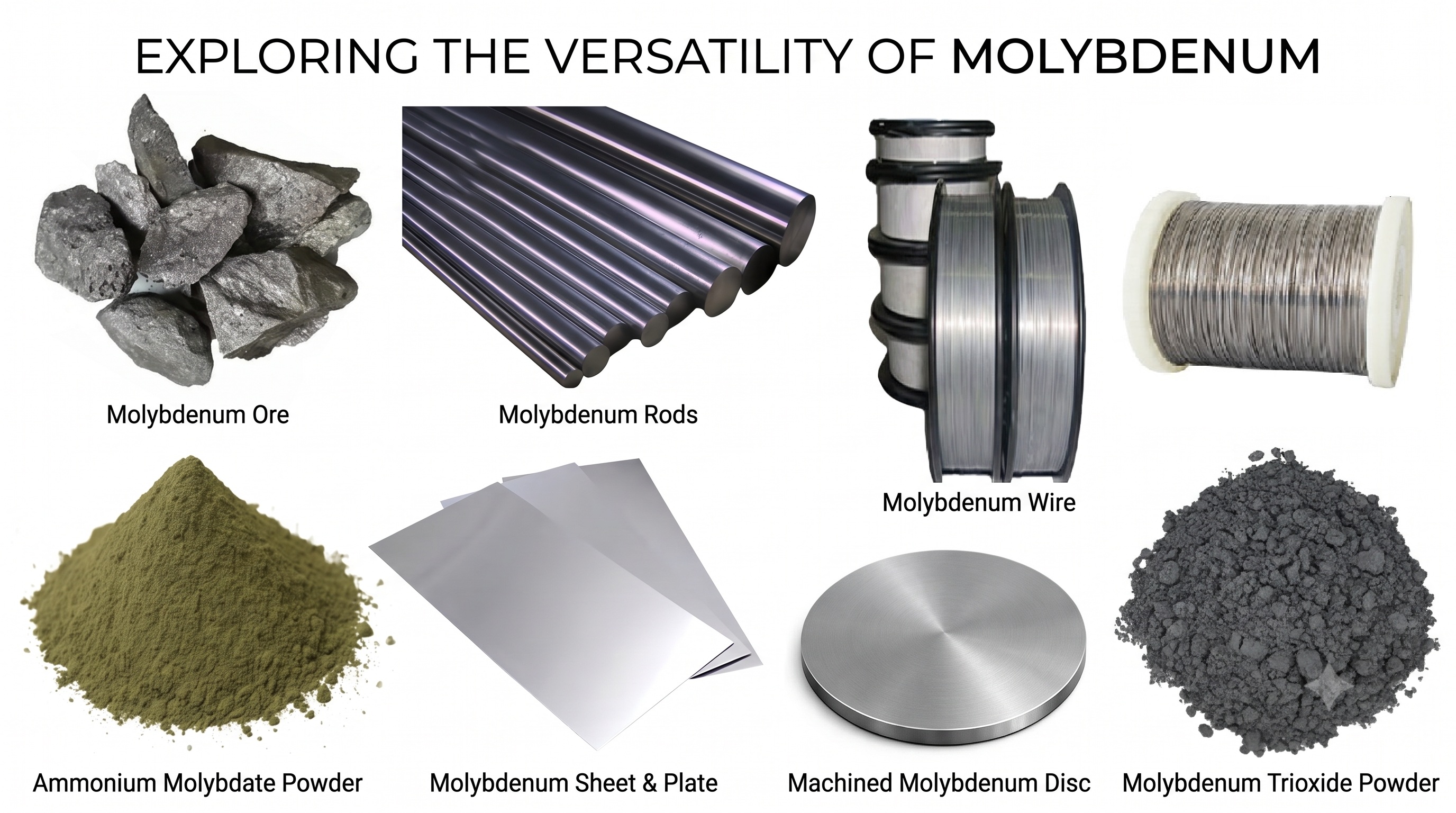 Types of molybdenum: ferromolybdenum, oxide, metal powder, bar, plate, wire, and sputtering target